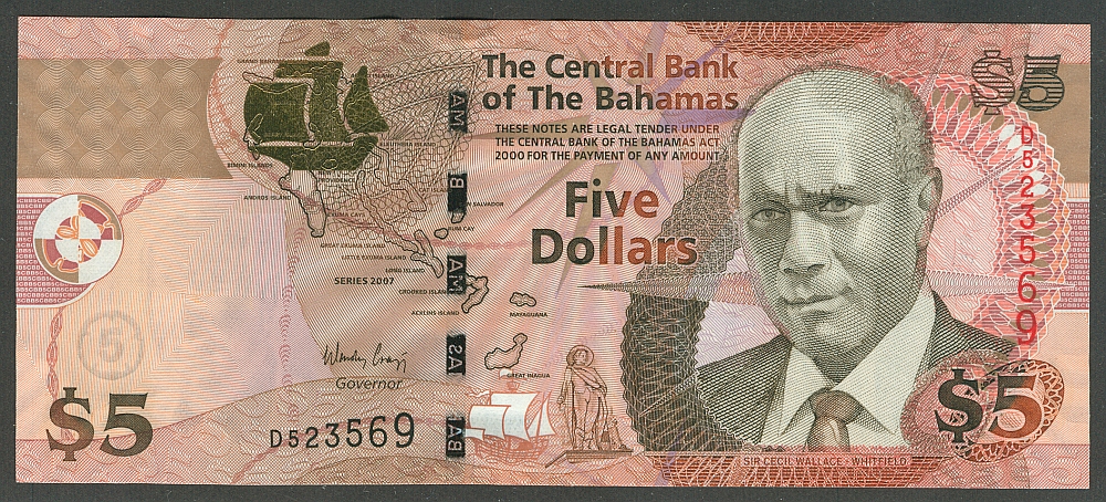 Bahamas, P-72, The Central Bank 2007 $5, GemCU